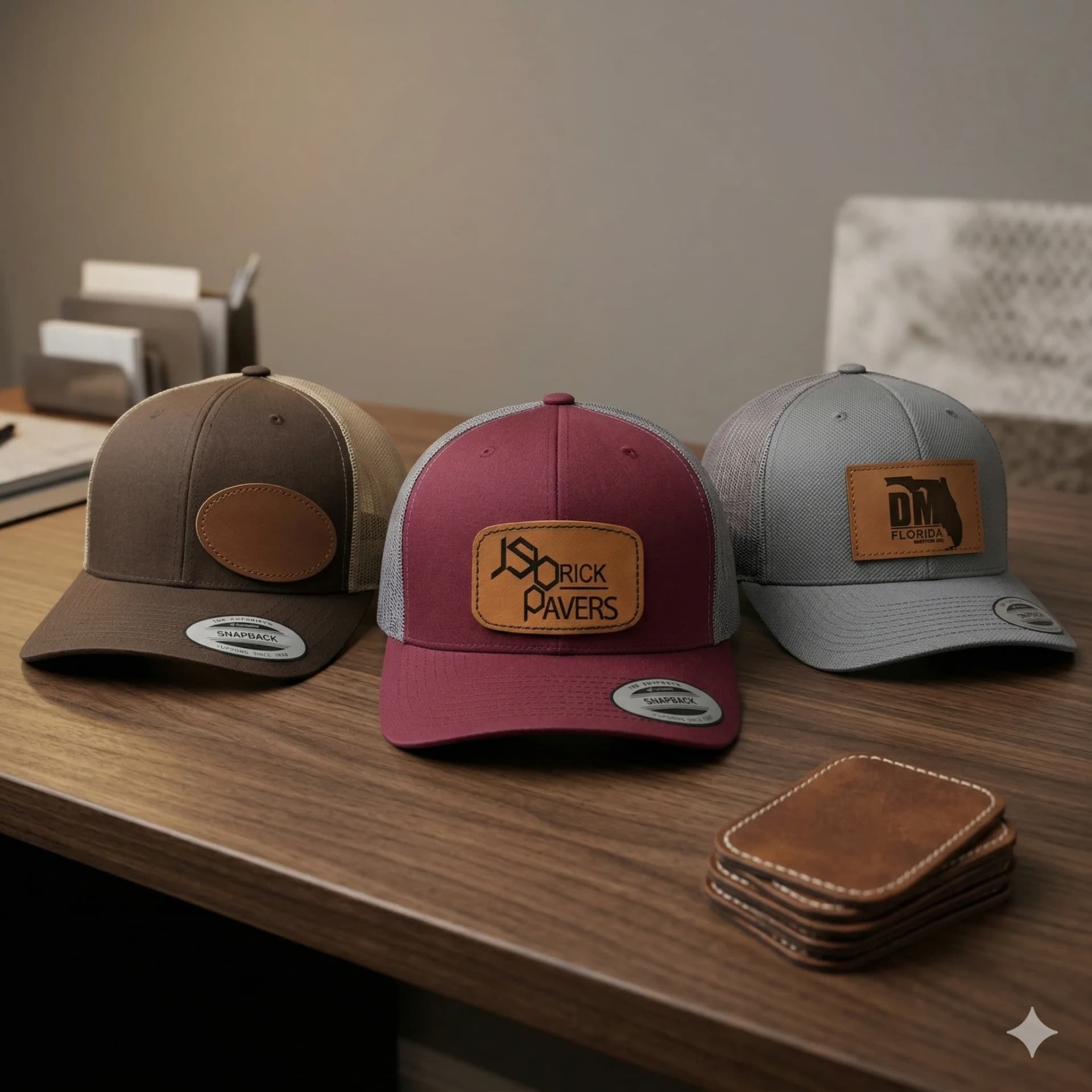 Custom snapback hats with leather patches