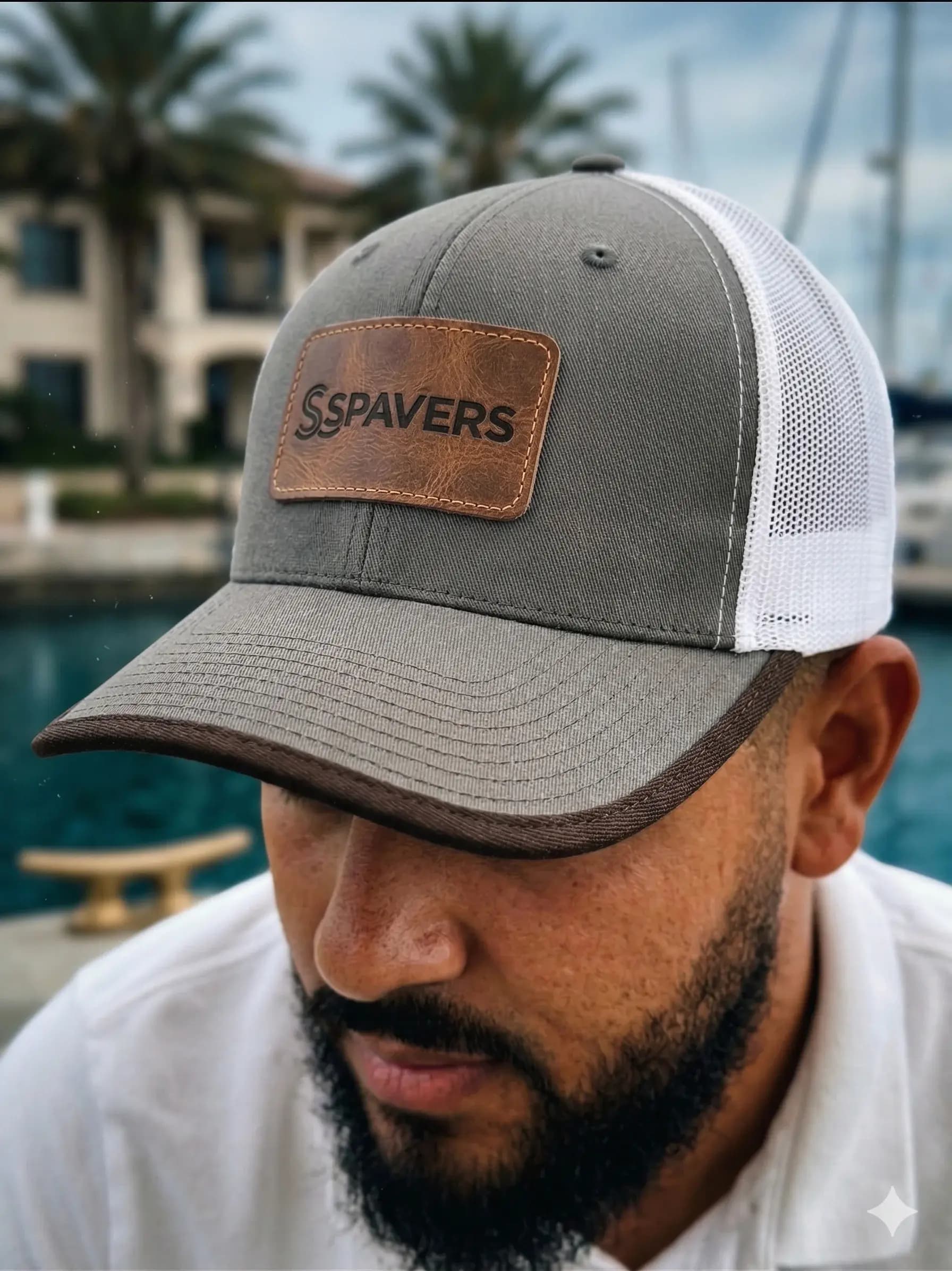 Leather patch trucker hat